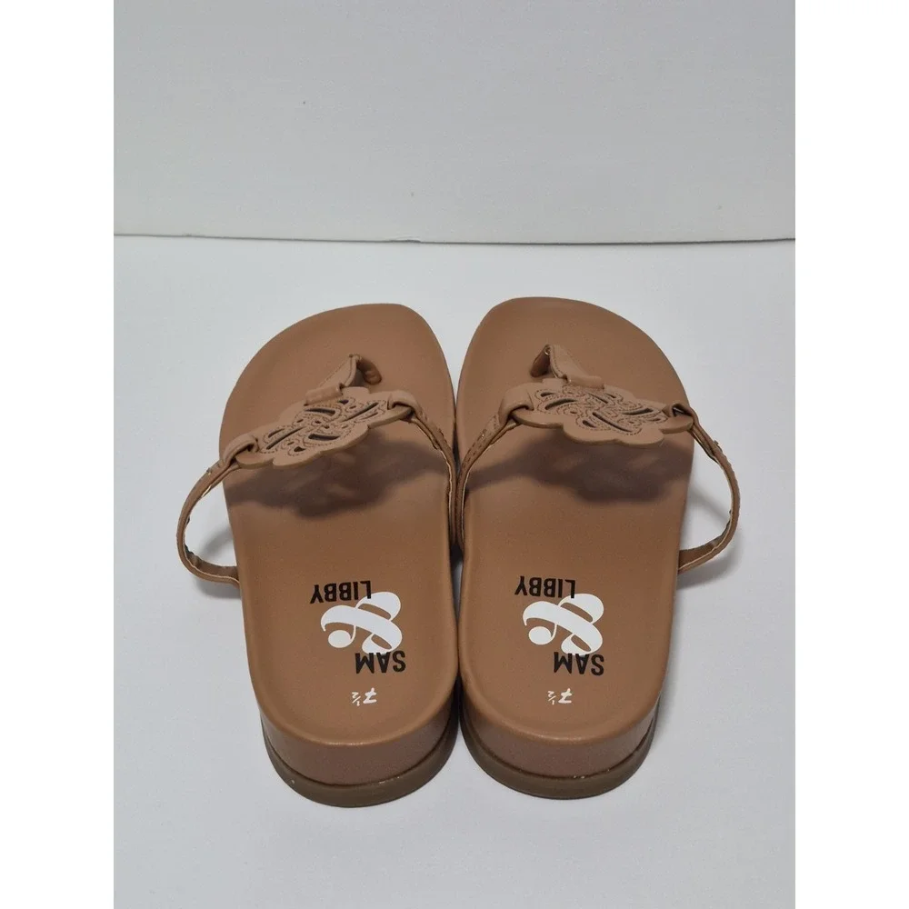 Sam & Libby Women's Alexander Neutral Thong Sandals Logo Flats 7.5 Brown Resort